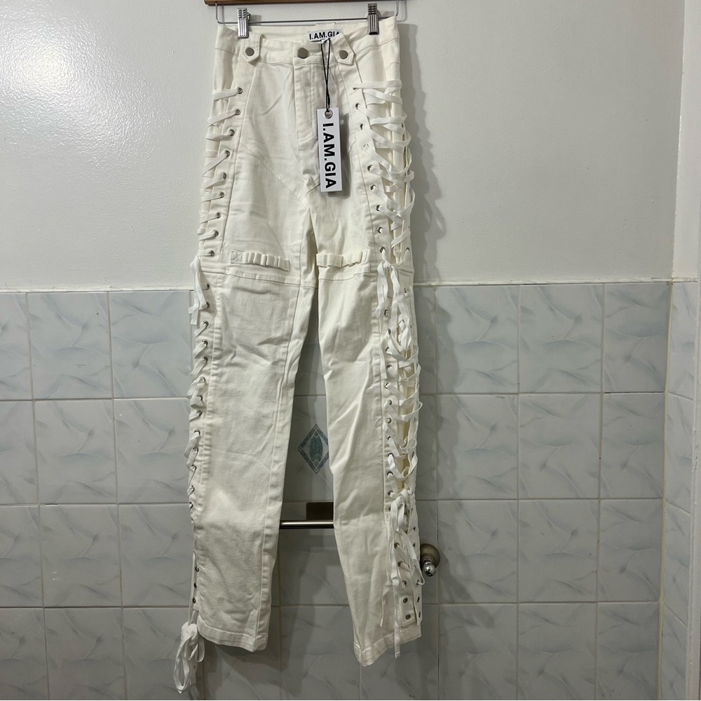 I AM GIA Small White Holly Grunge Edgy Casual Lace Up Pants - Picture 3 of 12